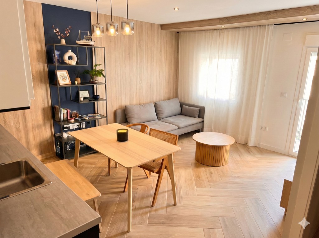 Salón comedor Lo Peix con pared azul y madera